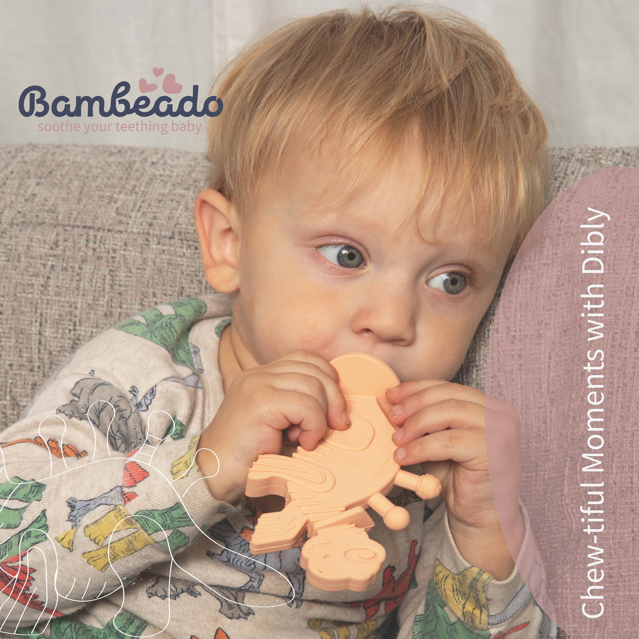 Dibly - Pink - Baltic Amber & Natural Rubber Dinosaur Teether with Toothbrush Tail