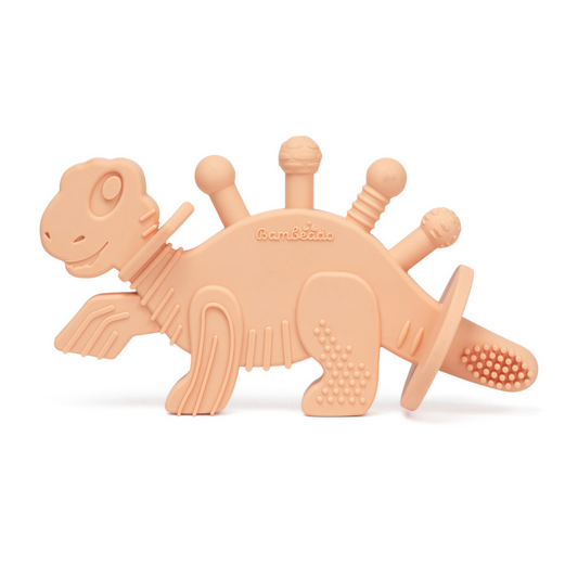 Dibly - Pink - Baltic Amber & Natural Rubber Dinosaur Teether with Toothbrush Tail